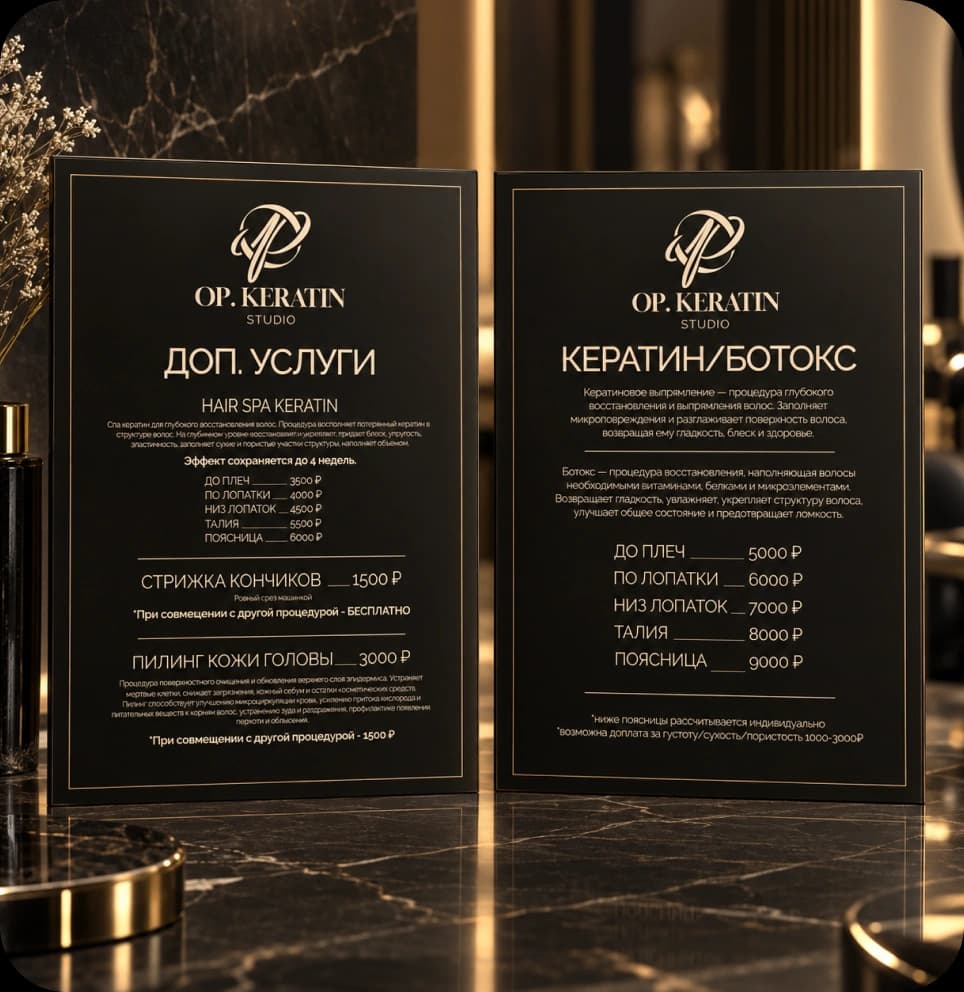 Прайс-лист OP. KERATIN с оформлением услуг и цен